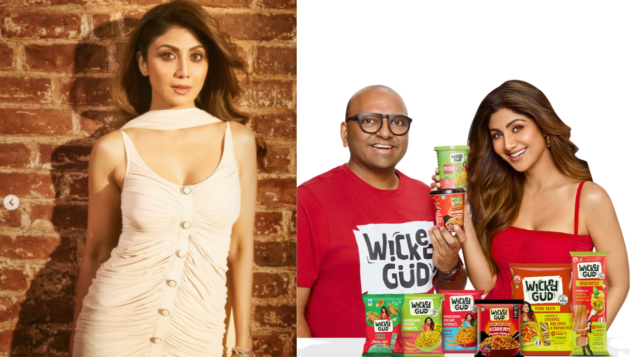Shilpa Shetty with WickedGud founder Bhuman Dani, showcasing the noodles and pasta brand she backs as an investor.