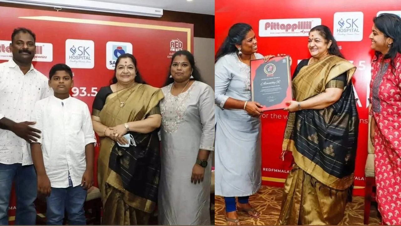 Aswathy, founder of Oyster Marris Homestays, being felicitated at a public event in Kerala, accompanied by family members and organisers.