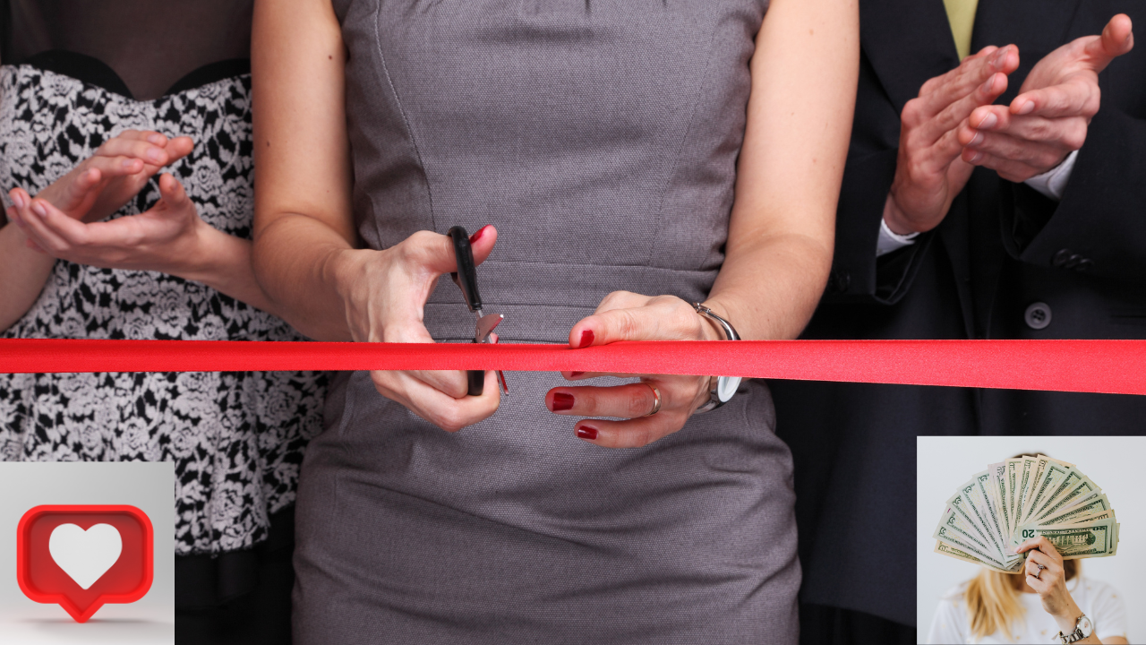 Person cutting a red ribbon at an inauguration with money and social media symbols representing the economics of celebrity appearances