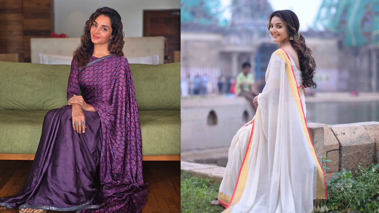Manju Warrier wearing a purple silk saree in an indoor setting and an off-white traditional saree with gold border near a temple backdrop.