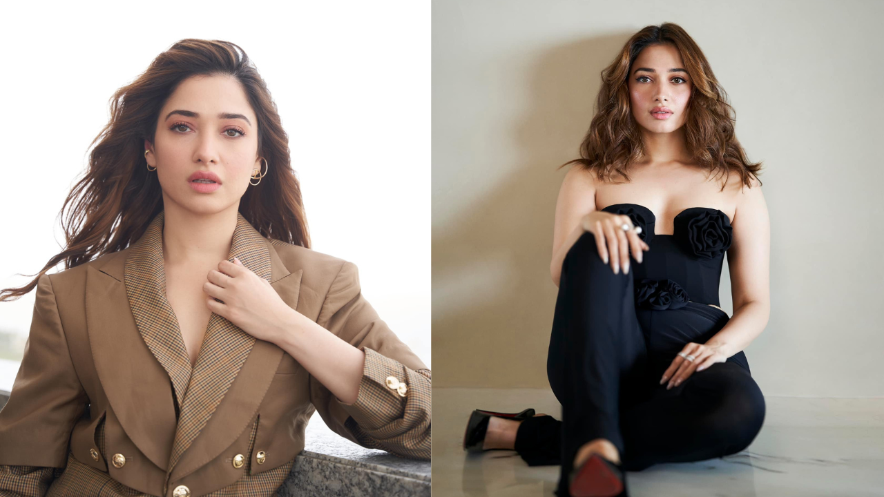 Tamannaah Bhatia posing in neutral-toned blazer and black outfit for the launch of her fine jewellery brand
