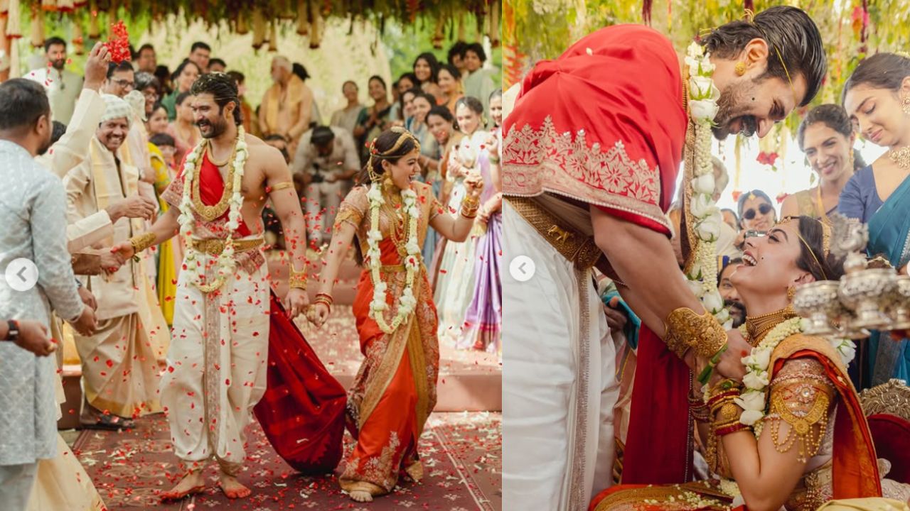 Rashmika Mandanna and Vijay Deverakonda dressed in traditional South Indian wedding attire during their ceremony in Udaipur, surrounded by guests and floral decorations.