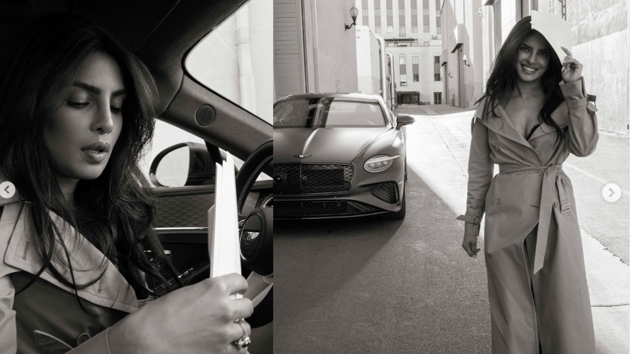 Priyanka Chopra Bentley campaign photoshoot in trench coat with luxury car