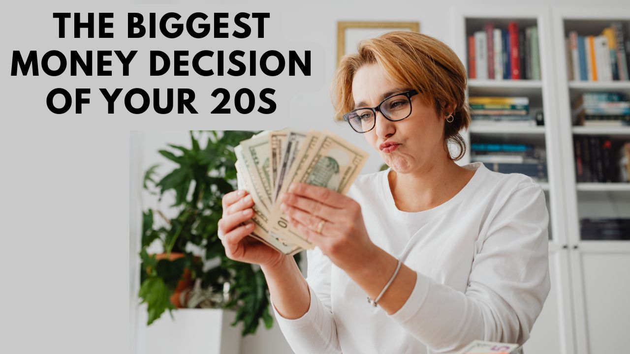 Young woman counting cash while thinking about saving and investing decisions in her 20s for long-term financial growth.