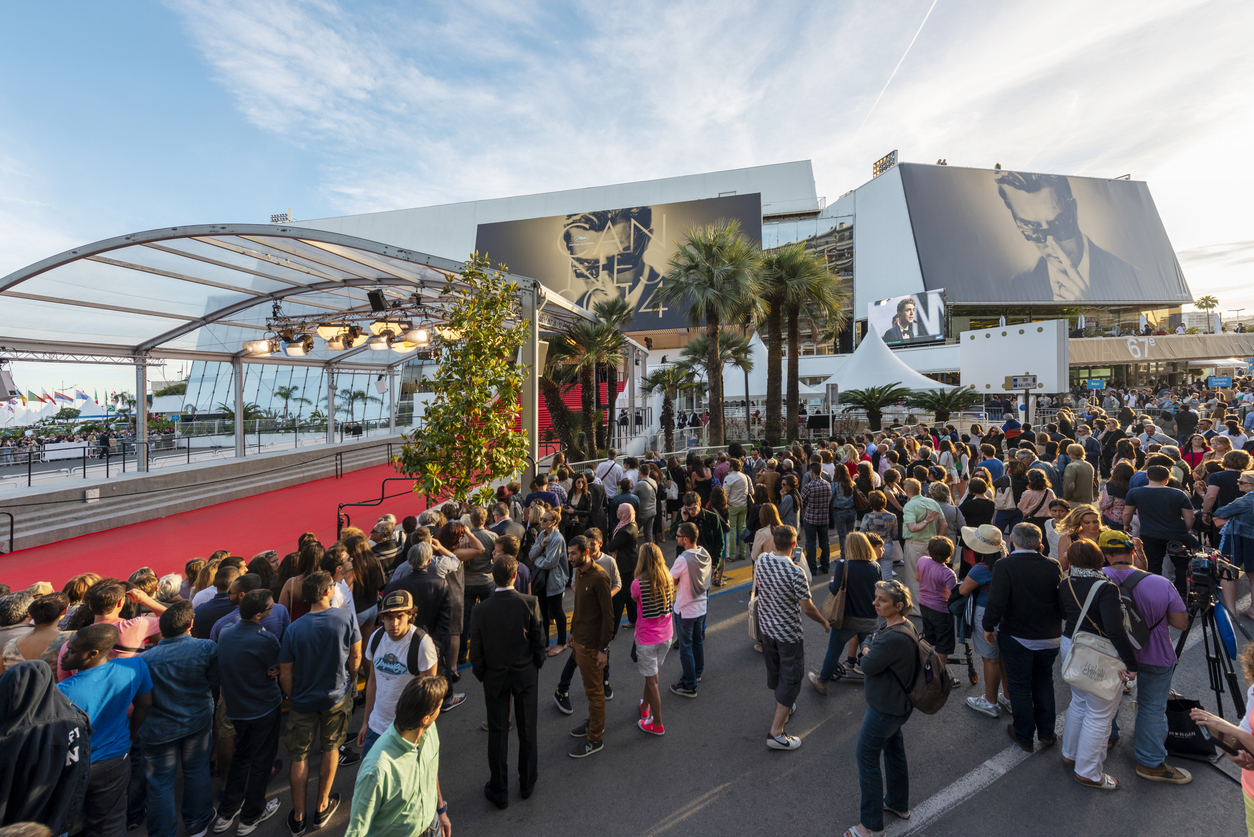 Crowds outside the Cannes Film Festival 2026 venue during the Marché du Film international film market in France.
